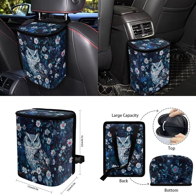 Floral Owl 15 PCS Car Seat Cover Full Set with Steering Wheel Cover Seat Belt Strap Pads Cup Coasters Trash Bag Rearview Mirror Cover Keychain Auto Interior Decor