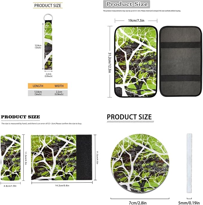 18 Pcs Green Branch Design Car Seat Covers Full Set Auto Interior Accessories with Steering Wheel Cover Floor Mats Armrest Cover Seat Belt Pads Roof Handle Wraps Cup Coaster Keychain