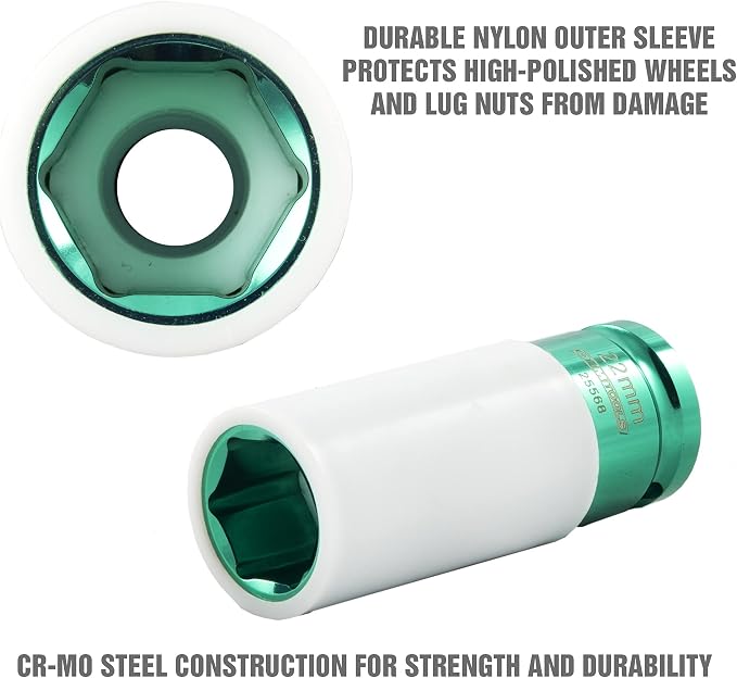 OEMTOOLS 25568 1/2 Inch Drive 22mm Non-Marring Lug Nut Socket, Protects Lug Nuts from Damage, Color-Coded and Clearly Marked Tire Removal Tools, Hex Sockets