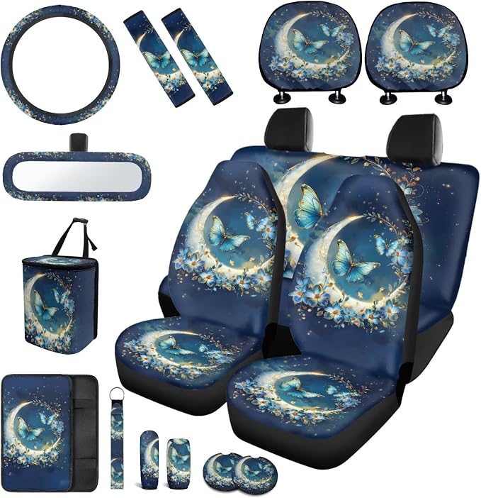 Blue Butterfly Car Accessories Set 17 Pack,Moon Car Seat Covers Full Set with Front and Rear,Headrest Covers,Steering Wheel Covers,Rear View Mirror Cover,Handbrake Sleeve Cover Key Chain