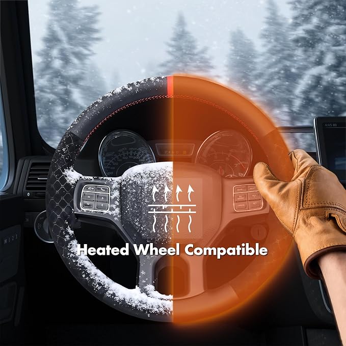 MEWANT Hand Stitch Steering Wheel Cover for 1500 2012-2018 1500 Classic 2019-2023 2500 3500 5500 2012-2018 Black Genuine Leather Diamond Embossed Athsuede Interior Accessories