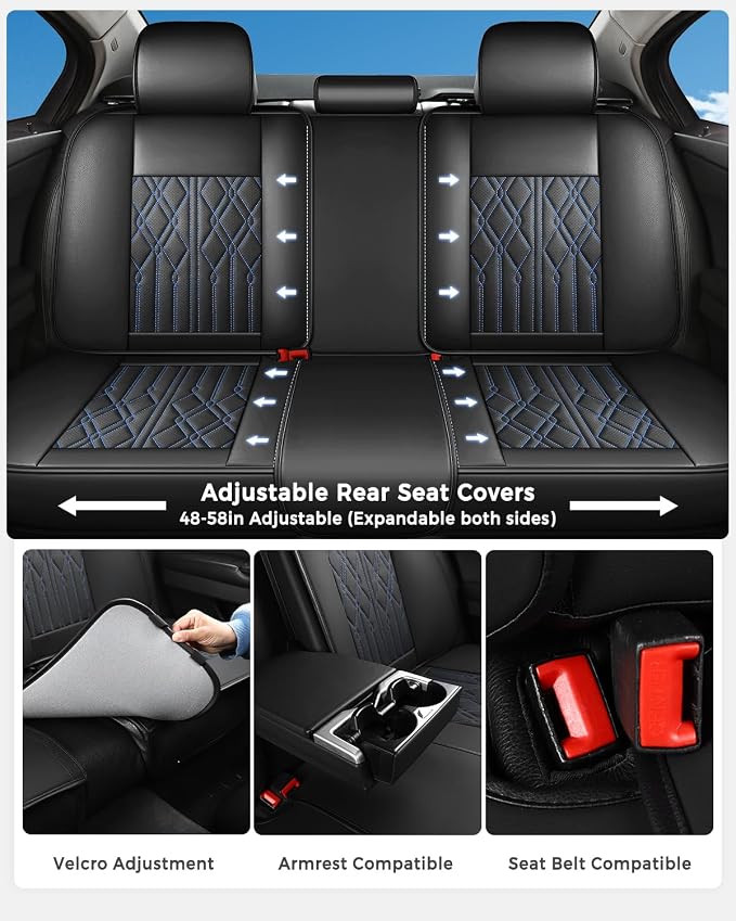 Huidasource Car Seat Covers Full Set, Leather Seat Cover Universal Fit for Most Cars Sedans SUVs Trucks, Airbag Compatible, Cup Holder Access, Easy Install, Wipes Clean, Wear-Resistant, Black&Blue