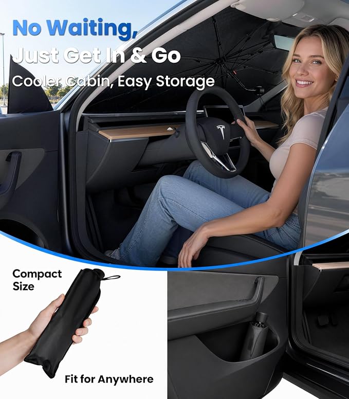 Zanch 2026 Upgraded Car Windshield Sun Shade [Cool Down by 75℉ ] with Heat Insulation Coating, Foldable Sunshade Umbrella Flexible Handle & Ribs, Medium (57''x32'') for Car, SUV, Truck, Van