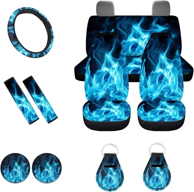 POLERO Blue Fire Car Seat Cover Set for Men Flame Steering Wheel Cover Sets 11pcs with Seatbelt Shoulder Pads Cupholder Coasters Keychains