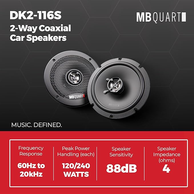 MB Quart DK2-116S Discus 6.5-Inch Shallow Mount 2-Way Coaxial Speakers, 60/120W RMS System Power, Aluminum Dome Tweeters, Butyl Rubber Surrounds