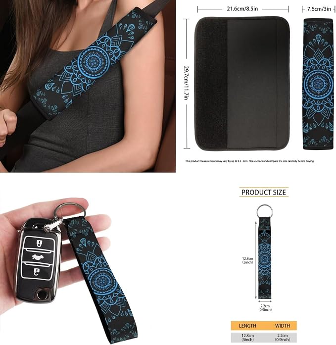 Blue Mandala Floral Car Accessories Car Seats Cover Protector, Steering Wheel Covers, Seatbelt Cover, Car Trash Can, Cup Coasters, Rearview Mirror Cover, Keychains, Pack of 15
