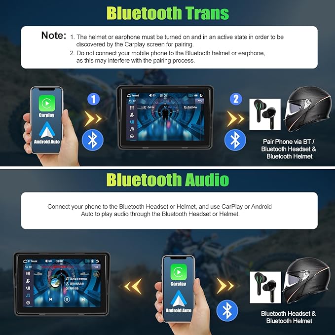 CAMECHO Motorcycle CarPlay Screen, 5" Waterproof Portable Wireless CarPlay Android Auto for Motorbike, Touch Screen Car Stereo Support Dual Bluetooth, Mirror Link, EQ, Siri Voice Control