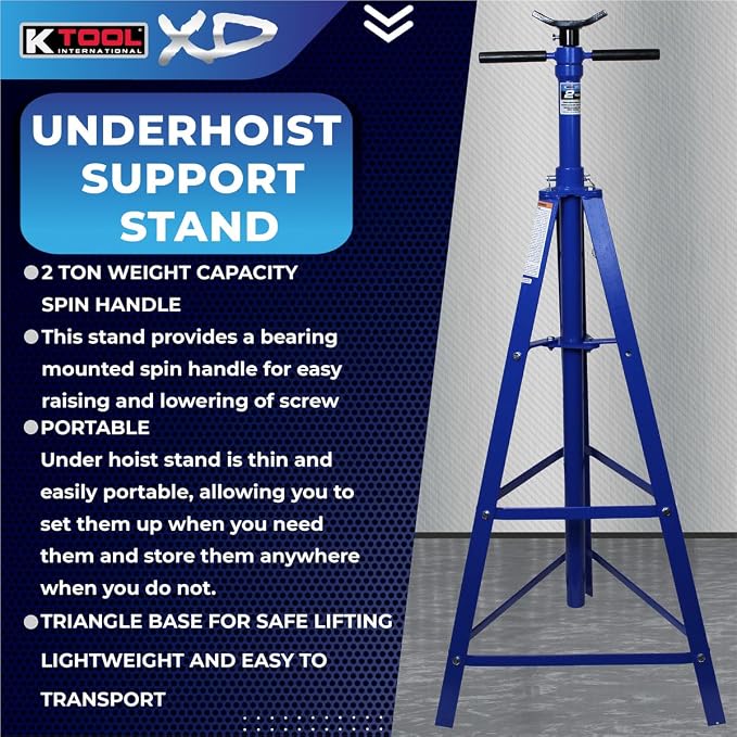 K Tool International XD61002 2 Ton Automotive Under Hoist Tripod Stand for Garages, Repair Shops, and DIY, 4,000lb. Capacity, Support Range 49"-79.75", Heavy Duty Steel, 24" Base, 3.25" Saddle, Blue