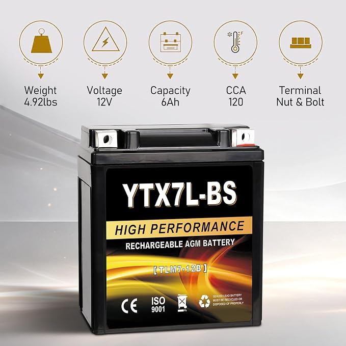 YTX7L-BS 12V 7Ah AGM Sealed Motorcycle Battery, Maintenance-Free, Compatible with Honda Kawasaki Suzuki Yamaha 4 Wheeler ATV Scooter