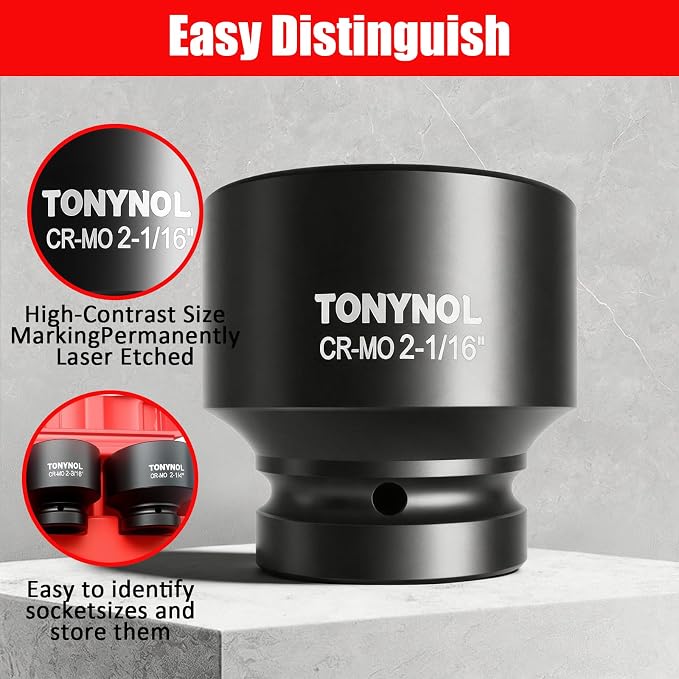 TONYNOL 1/2 Inch Drive Impact Jumbo Socket Set,6-Point,SAE(2-1/16" to 2-1/2"),8 Pcs,Cr-MO Steel,With a Storage Case