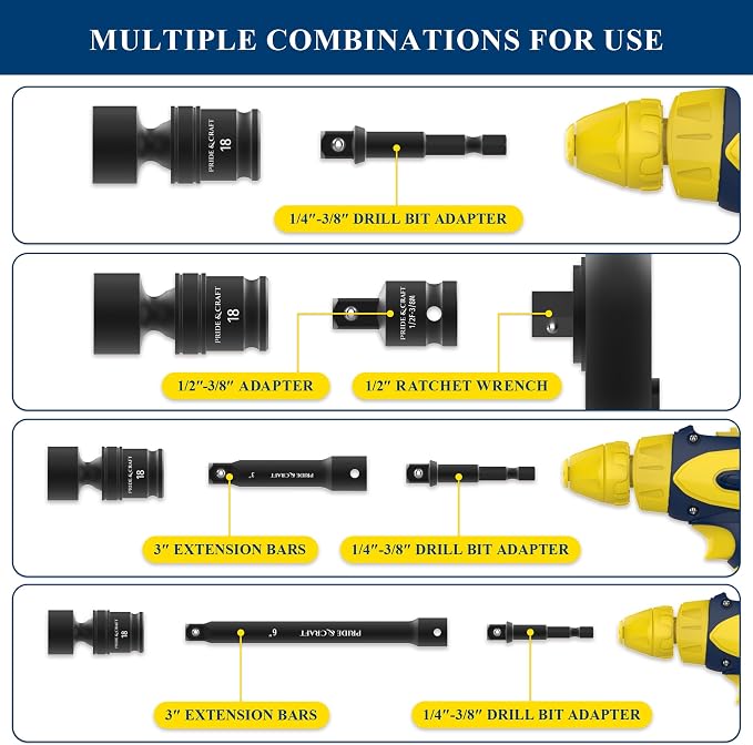 PRIDE&CRAFT 3/8" Drive Universal Impact Swivel Socket Set, 20 Piece Cr-Mo Steel Air Tool Accessories for Automotive & Machinery, 6-Point Universal Joint Socket, Metric,8-24mm,with Extension Bars