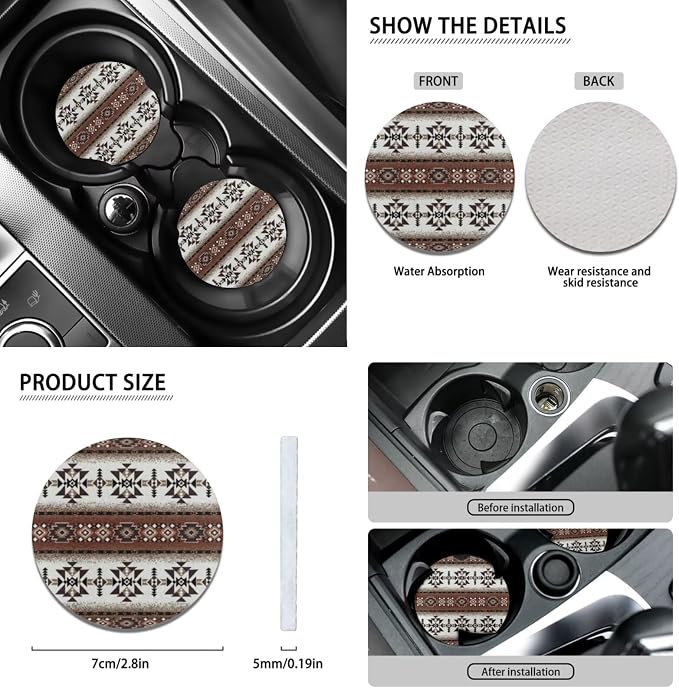 Wanyint Car Seat Covers Full Set 12 Pieces, with Steering Wheel Seat Belt Covers Armrest Pad Handbrake Gear Shift Knob Cover Cup Coaster Universal Fit, Southwest Aztec Dark Brown