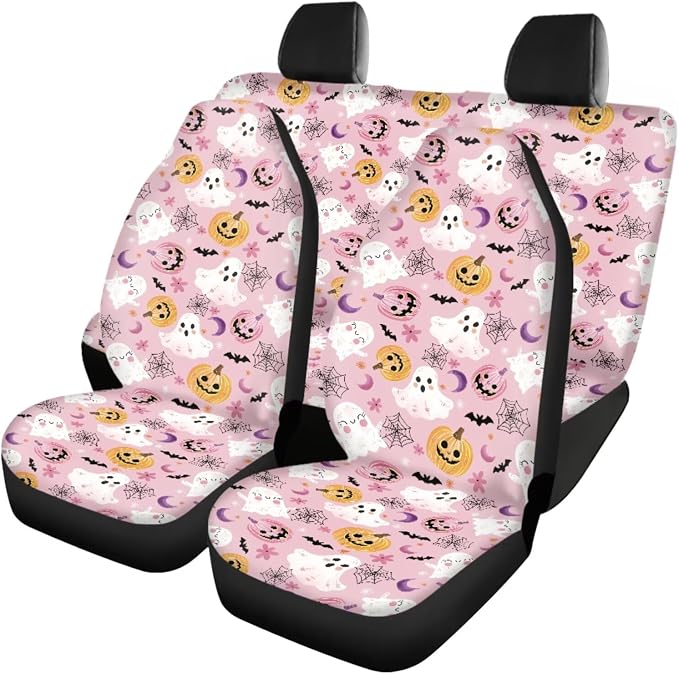 Pink Cute Halloween Car Accessories Set for Women, Car Seat Covers Full Set with Steering Wheel Cover Floor Mats Armrest Pad Seat Belt Pads Roof Cup Coaster Handle Wraps Keychains