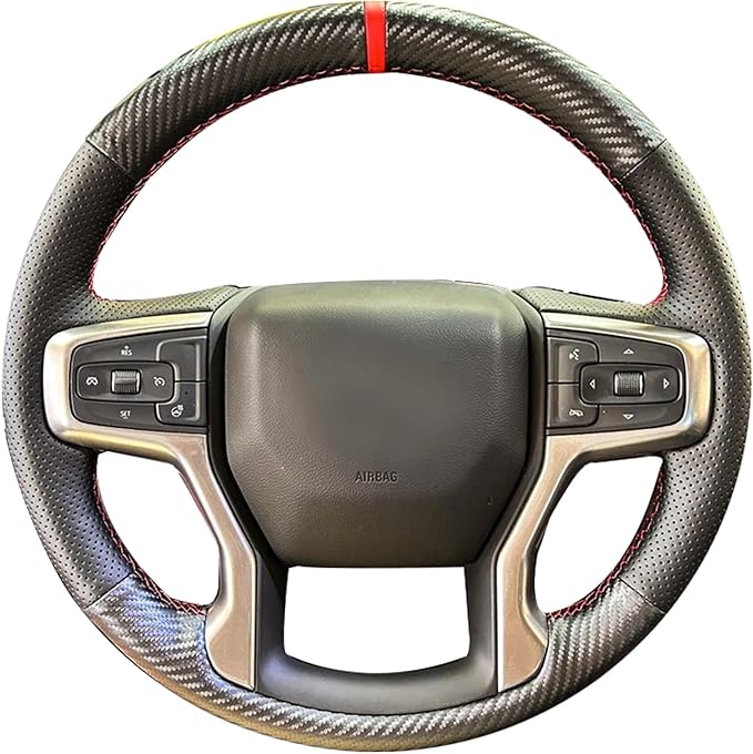 Leather Carbon Fiber Steering Wheel Cover for Chevrolet Blazer Silverado (1500) 2019-2025 / Silverado (2500/3500) 2020-2025/ Suburban Tahoe 2021-2024 Custom Stitched Interior Accessories