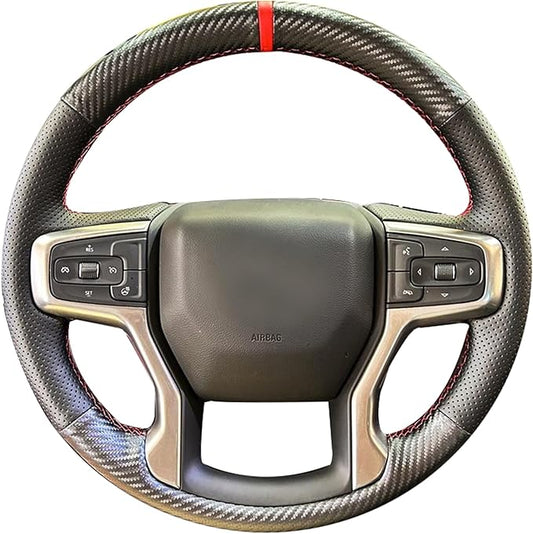 Leather Carbon Fiber Steering Wheel Cover for Chevrolet Blazer Silverado (1500) 2019-2025 / Silverado (2500/3500) 2020-2025/ Suburban Tahoe 2021-2024 Custom Stitched Interior Accessories