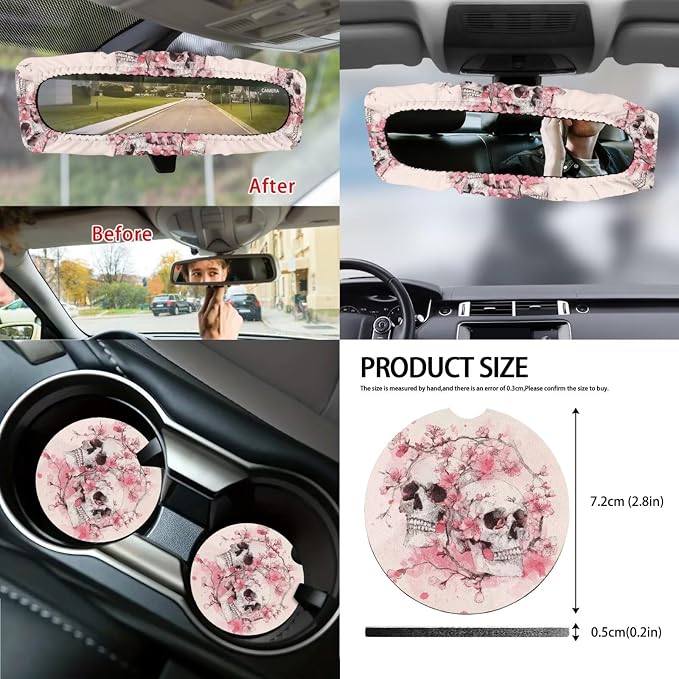 Skull Print Car Interior Cover Set of 14 Peach Blossom Print Front and Rear Split Bench Seat Covers with Steering Wheel Cover Center Console Pad Safety Belt Pads for SUV Truck Sedan