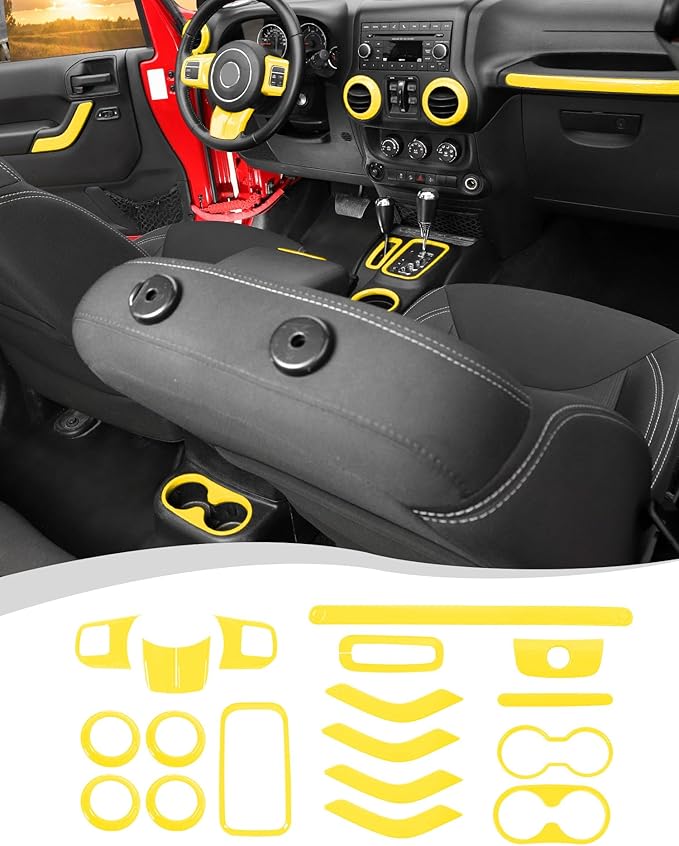 Hoolcar Steering Wheel Cover Gear Shift Panel Trim Cover Water Cup Holder Cover Kit Interior Accessories Kit Fit for Jeep Wrangler JK JKU 2011-2018, 4-Door, Yellow