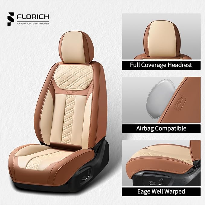FLORICH Seat Covers, Atomutive Car Seat Covers Full Sets, Waterproof Seat Cover for Cars, Luxury Leather Universal Seat Cover Accessories Fit for Most Cars SUV Truck Sedans(Beige)