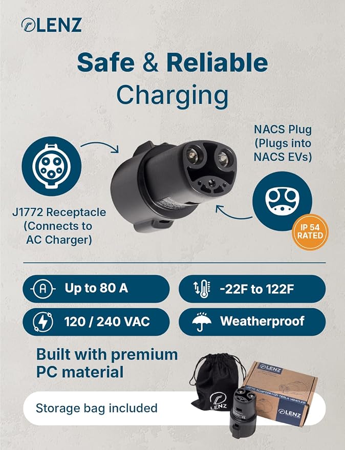 LENZ J1772 to NACS Charging Adapter – SAE J1772 to NACS for Tesla & NACS EVs (2026+ Hyundai, Kia, Rivian, Toyota bZ, Lexus RZ, Lucid) – Level 1 & 2 AC, 80A Max, Safety Certified to UL 2251