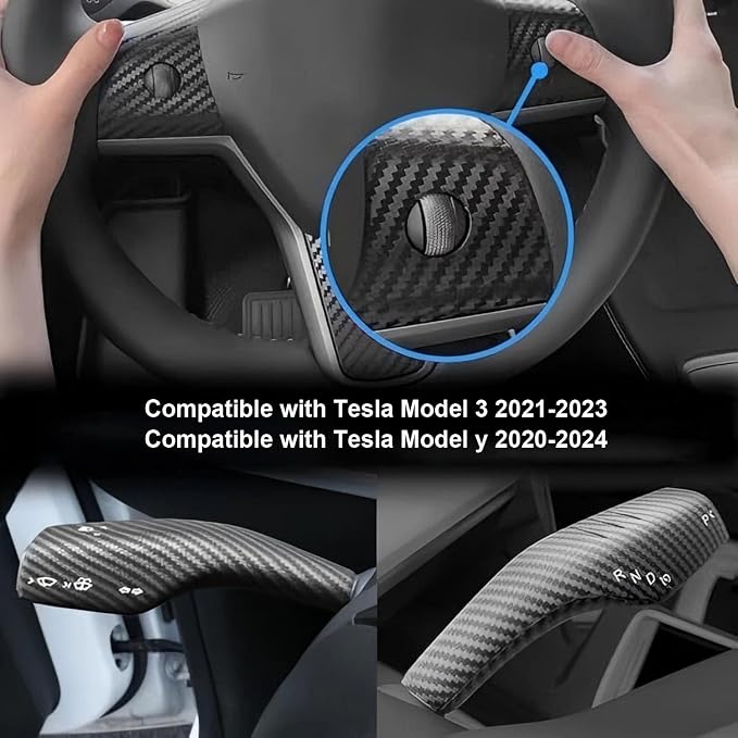 9PCS Dashboard Cover Wrap & Front Door Inner Armrest Panel Cover, Steering Lever Cover and Steering Wheel Cover for Tesla Model 3 2021-2023 & for Model y 2020-2024(Matte Carbon Fiber Printing)