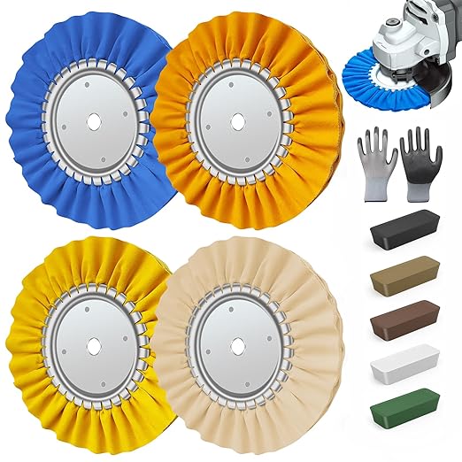 5/8” Arbor 8” 16Ply Airway Buffing Wheel Kit – 11Pcs Polishing Set for Aluminum & Stainless Steel – No Flange Needed – Gloves Included