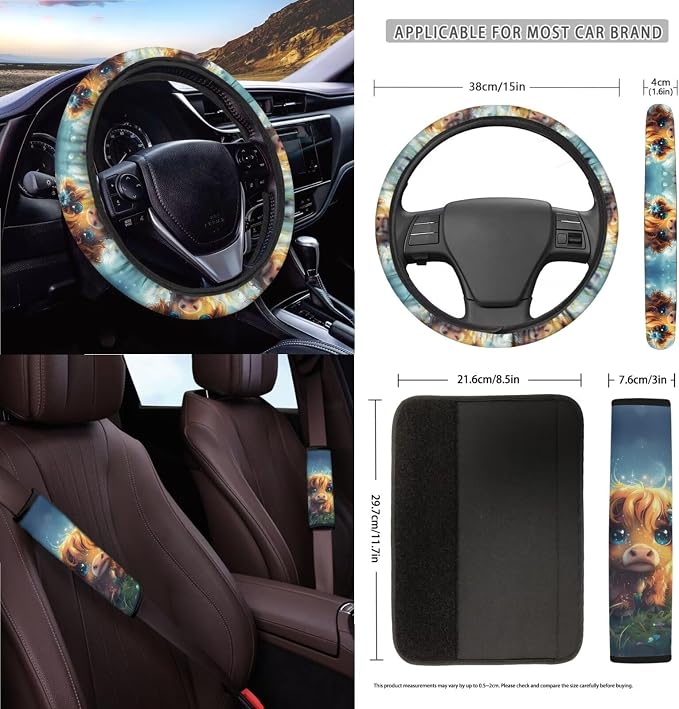 Cute Cattle Floral Print Car Seat Covers 15Pcs Full Set Car Steering Wheel Cover Seat Belt Cover Trash Bin Air Vent Storage Box Rear View Mirror Car Cup Holder Keychain