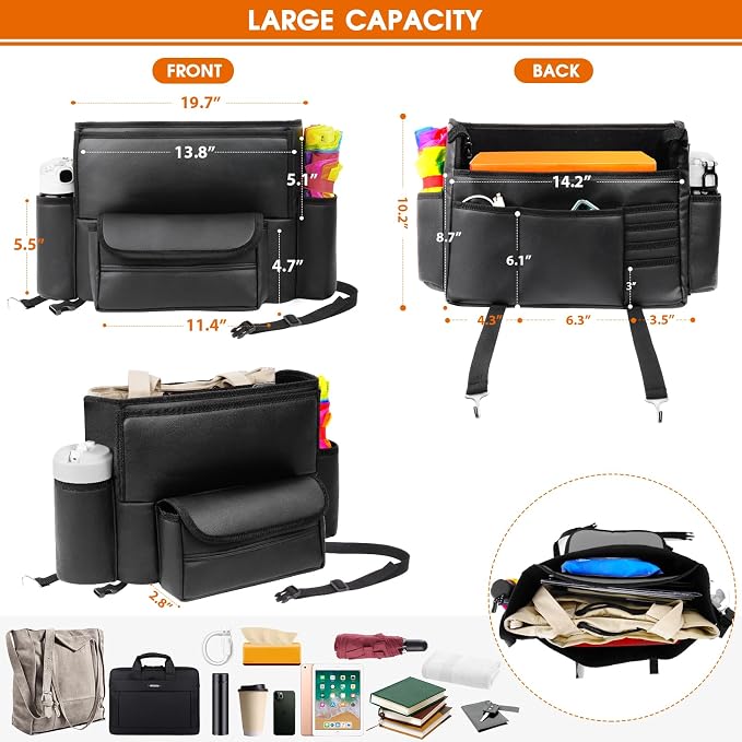 E EASTSTORM Car Purse Holder Between Seats, Car Seat Purse Handbag Holder, Automotive Consoles Organizers Storage Barrier Car Interior Accessories, Leather Large Capacity (Black)