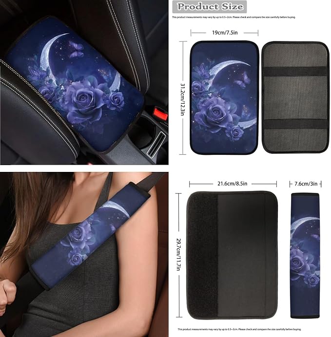 Deep Purple Moon Butterfly Car Seat Covers Full Set 15 Pcs Universal Car Accessories Steering Wheel Cover Seat Belt Pads Garbage Bag Car Headrest Pillow Covers Armrest Pad