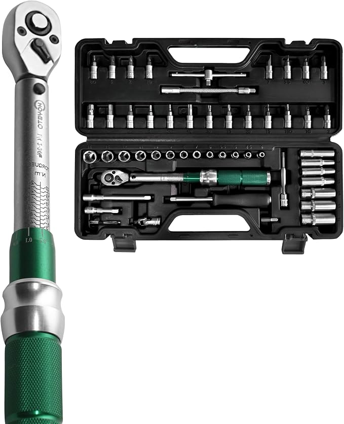 53PCS 1/4”Drive Click Torque Wrench Set, 2-24N.m & ±3% Bicycle Repair Tool | Dual N.m/in.lb scale, Cr-V steel, click alert, tight-spot bars, carry case