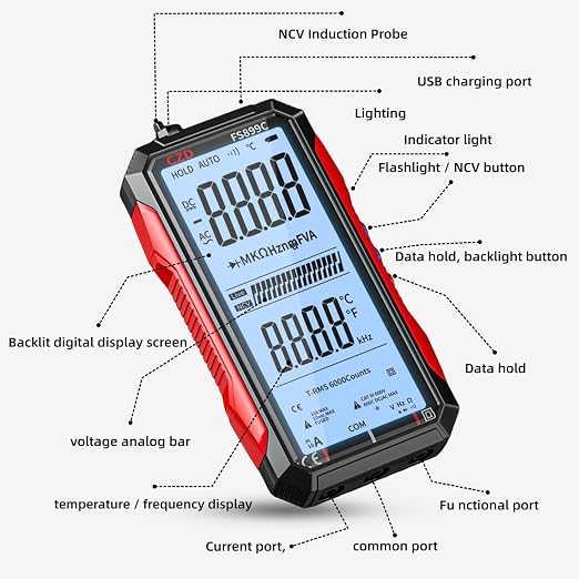6000 Counts True RMS AC/DC Voltage Tester,FS899L Digital Multimeter with Color Screen, USB C Rechargeable Electrical Testing, NCV, Capacitance, Non Contact Voltage Detector for Car, Home(FS899L)