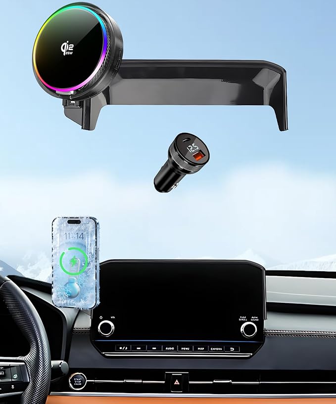 Qi2.2 25W Magnetic Car Mount Charger for 2022 2023 2024 Mitsubishi Outlander Accessories, for Fast Charging Cell Phone Holder 9 Inch Screen Fixed Clip with Cooling Fan＆54W Fast Adapter