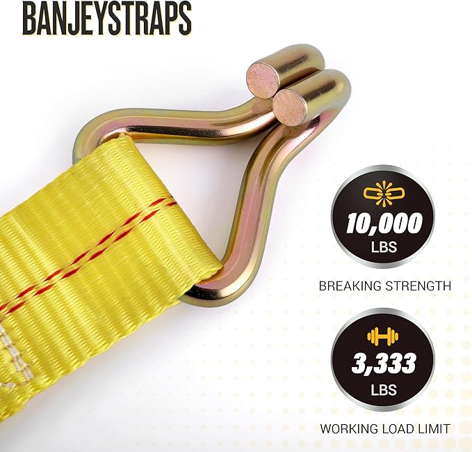 Heavy Duty 2" x 20' Ratchet Straps (4-Pack), 10,000 lbs Break Strength, High Visibility Yellow Tie Down Straps with Locking J-Hooks for Trailers, Trucks, Heavy Equipment, and Moving Appliances