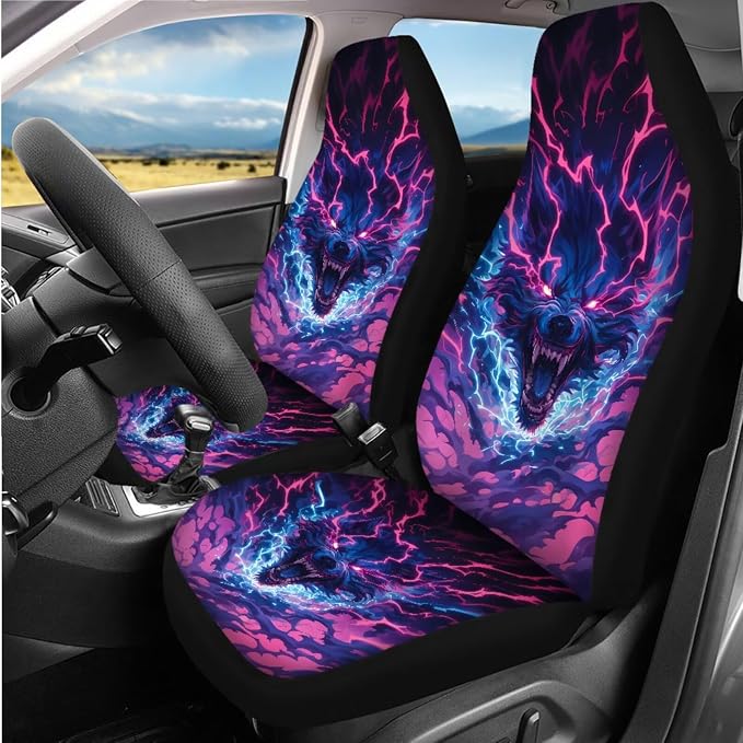 Cool Wolf Lightning Print Car Interior Accessories Set of 8, Car Seat Covers with Auto Steering Wheel Cover, Center Console Pad, Seat Belt Covers, Automotive Decorations