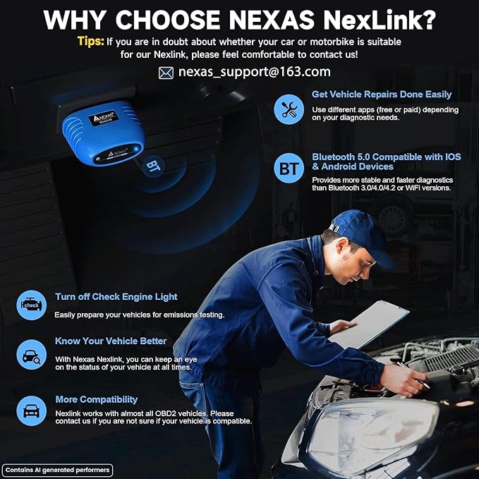 NEXAS NexLINK Bluetooth OBD2 Scanner for Car - Check Engine Light Code Reader with Live Data & Performance Test, Wireless Diagnostic Scan Tool with Resets for All US Vehicles, Works with iOS Android