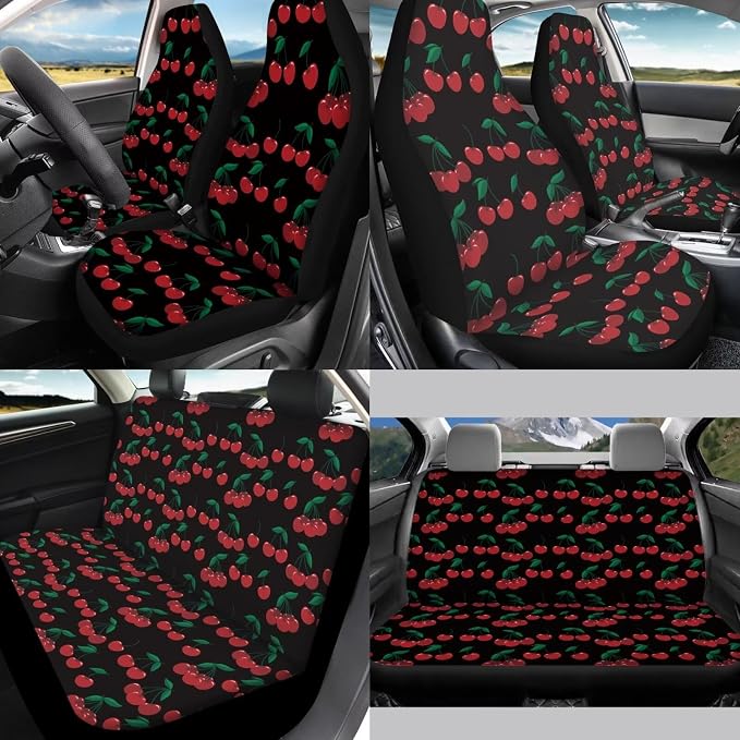 Red Cherry 12 Pack Car Seat Covers Full Set Steering Wheel Cover Car Center Console Cover Protector Cars Seat Belt Covers Hand Brake Cover Universal Fit for Cars SUV