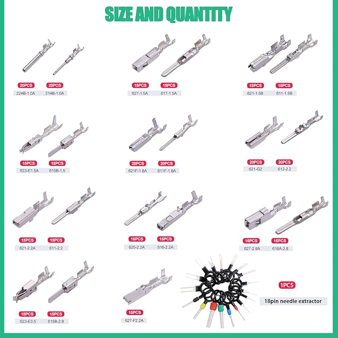 Twidec/345Pcs Car Electrical Wire Terminal Pins Connector Kit 1/1.5/1.8/2.2/2.8/3.5mm Male Female Connector Pins Terminal Automotive Wire Connector Crimp Pins With Pin Remover