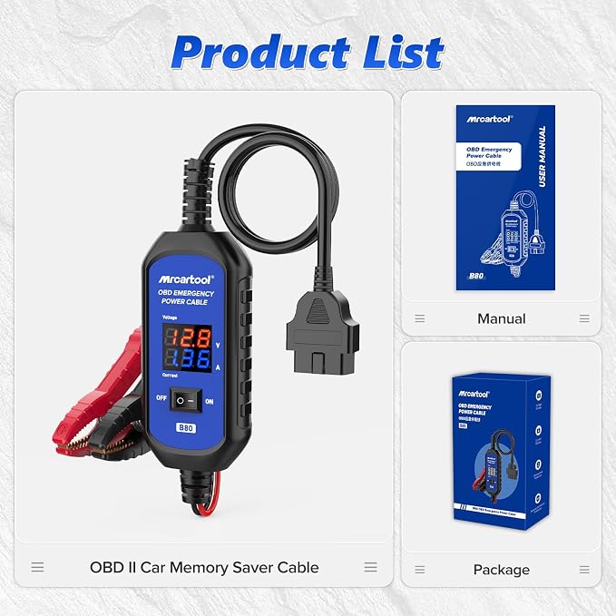 OBD II Car Memory Saver Cable 12V Vehicle ECU Emergency Power Supply Cablewith Voltage and Current Display OBD II Battery Leakage Detective Kit with 3A Fuse & 2 Alligator Clips