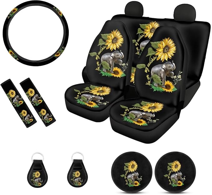 Suobstales Sunflower Car Accessories Elephant Seat Covers for Cars for Women Full Set with Steering Wheel Cover + Seat Belt Covers Shoulder Pads + Coasters + Keychains Interior Cover Set of 11
