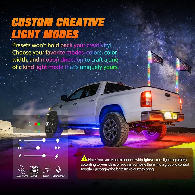 Nilight 2PCS 3FT RGB LED Whip Light and 6 PCS Rock Lights Combo Remote App Control w/DIY Chasing Patterns Stop Turn Reverse Modes Safety Antenna Whips for ATV UTV Polaris RZR Can-am Dune Buggy Jeep