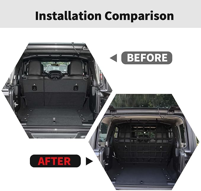 RT-TCZ Car Rear Trunk Organizer Isolation Cargo Net, Mesh Dog Barrier Divider Net for Jeep Wrangler JKU & JLU 4 Door 2007-2023