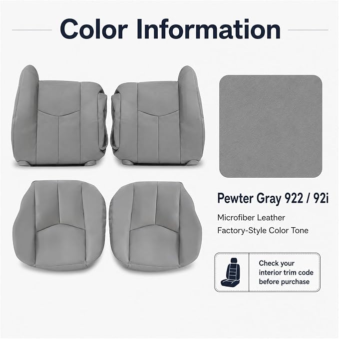4PCS Driver & Passenger Bottom & Top Lean Back Leather Seat Covers Light Gray #922 or 92i Compatible with Chevy Silverado Suburban Avalanche GMC Sierra Tahoe Yukon 2003 2004 2005 2006