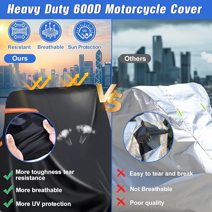 Motorcycle Cover Waterproof Outdoor,600D Heavy Duty Motorcycle Cover,Nano Silver Inner,5 Reflective Strips,2 Air Vents,Antenna Zipper for Softail Standard,Street Bob,Fat Boy(3XL 109"x44"x56" Black)