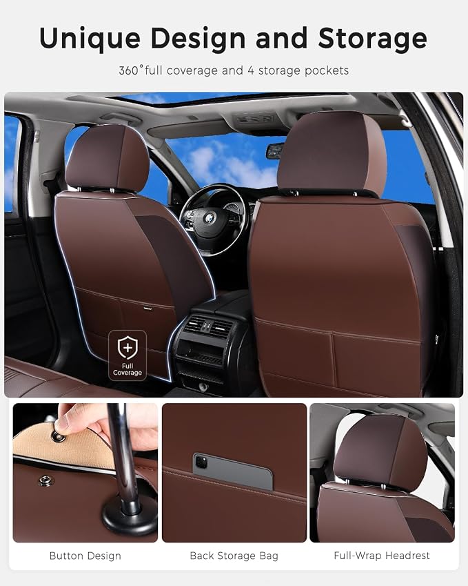 Huidasource Brown Seat Covers, Nappa Leather Car Seat Covers with Lumbar Support, Ventilation Holes, Velcro Adjustable, Airbag, Full-Coverage Seat Covers, Universal Fit for Most Cars SUV Trucks, Brown