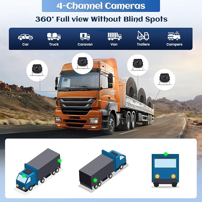 4 Channel Backup Camera System,10.1 Inch IPS Reversing Monitor with Rear Side View 4 AHD Camera 1080P IR Night Vision DVR Recording Backup Heavy Duty Camera for Trucks/Bus/Trailer/RV