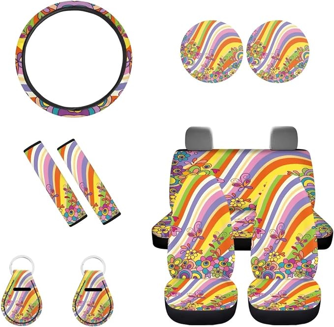 POLERO 70s Groovy Floral Car Seat Covers Full Set for Women Abstract Hippie Flower Steering Wheel Cover Set 11pcs Car Accessories Interior Aesthetic Retro Swirl Wave Butterfly Hippie Car Decor