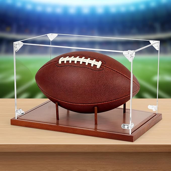Clear Acrylic Football Display Case with Wood Base & Tee, Memorabilia Stand Cube Holder, Dust Protection Transparent Storage Box for Single Ball Souvenir Football Collections