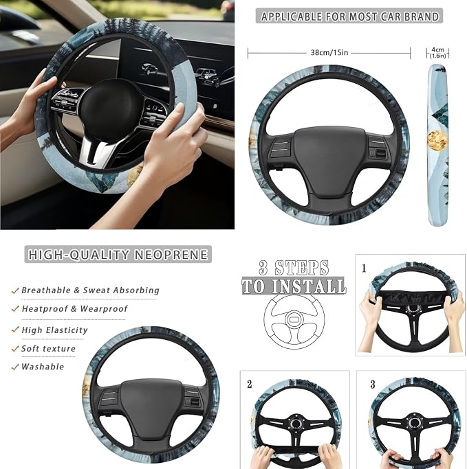 Ink Wash Mountain 15 PCS Car Seat Cover Set with Auto Steering Wheel Cover Seat Belt Strap Protector Cup Holder Trash Bag Rear View Mirror Protector Keychain