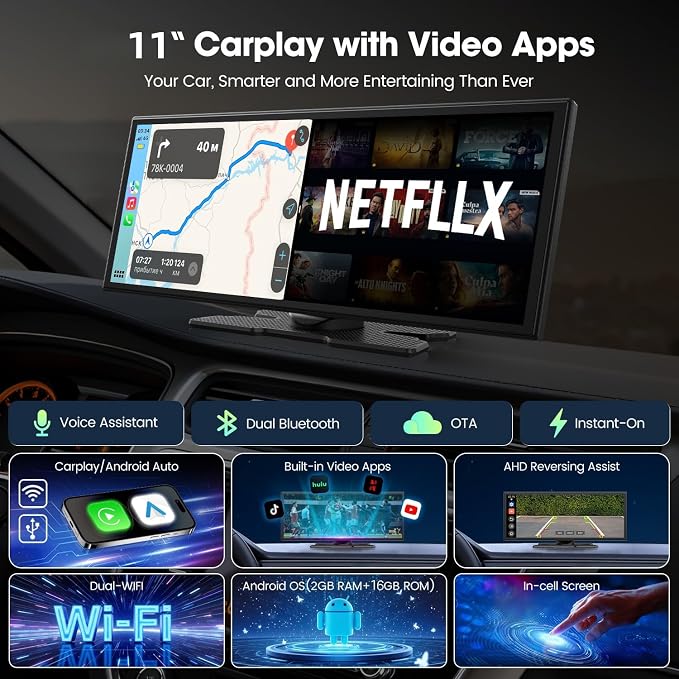 LAMTTO Upgraded 11'' Wireless Carplay Screen with Net-Flix YouTube Apps and Backup Camera Built-in Entertainment Video Box Navigation Voice Assistant for iOS 10+ Android 11+