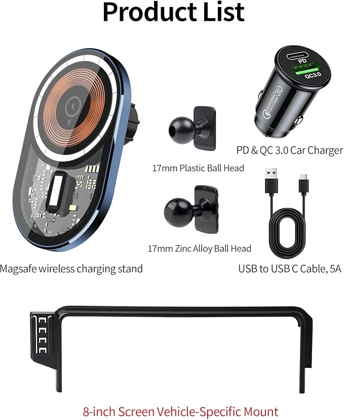 Wireless Charging Car Phone Holder for Ford Maverick 2022-2024, 8" Screen Fixed Clip, 360° Rotation Car Phone Mount Compatible with MagSafe