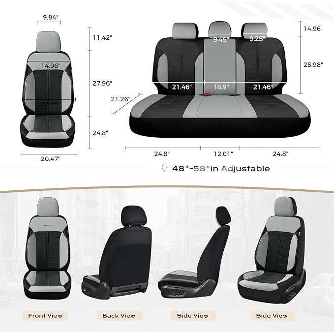 Coverado Leather Seat Covers Car Seat Cover Full Set Automotive 5 Seats Waterproof Car Seat Protectors Universal Fit for Most Cars SUV Trucks, Gray&Black